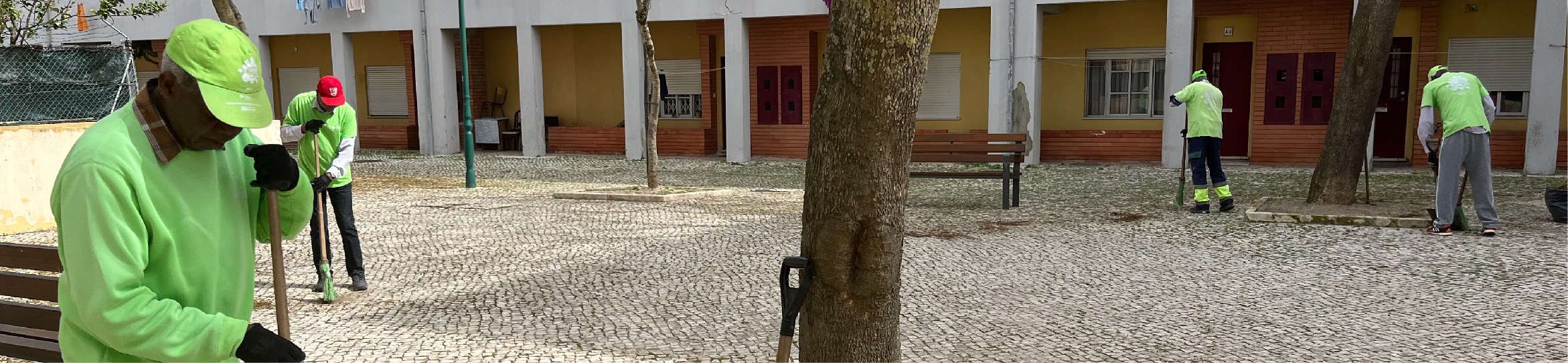 Fotografia de seniores em atividades de limpeza das ruas.