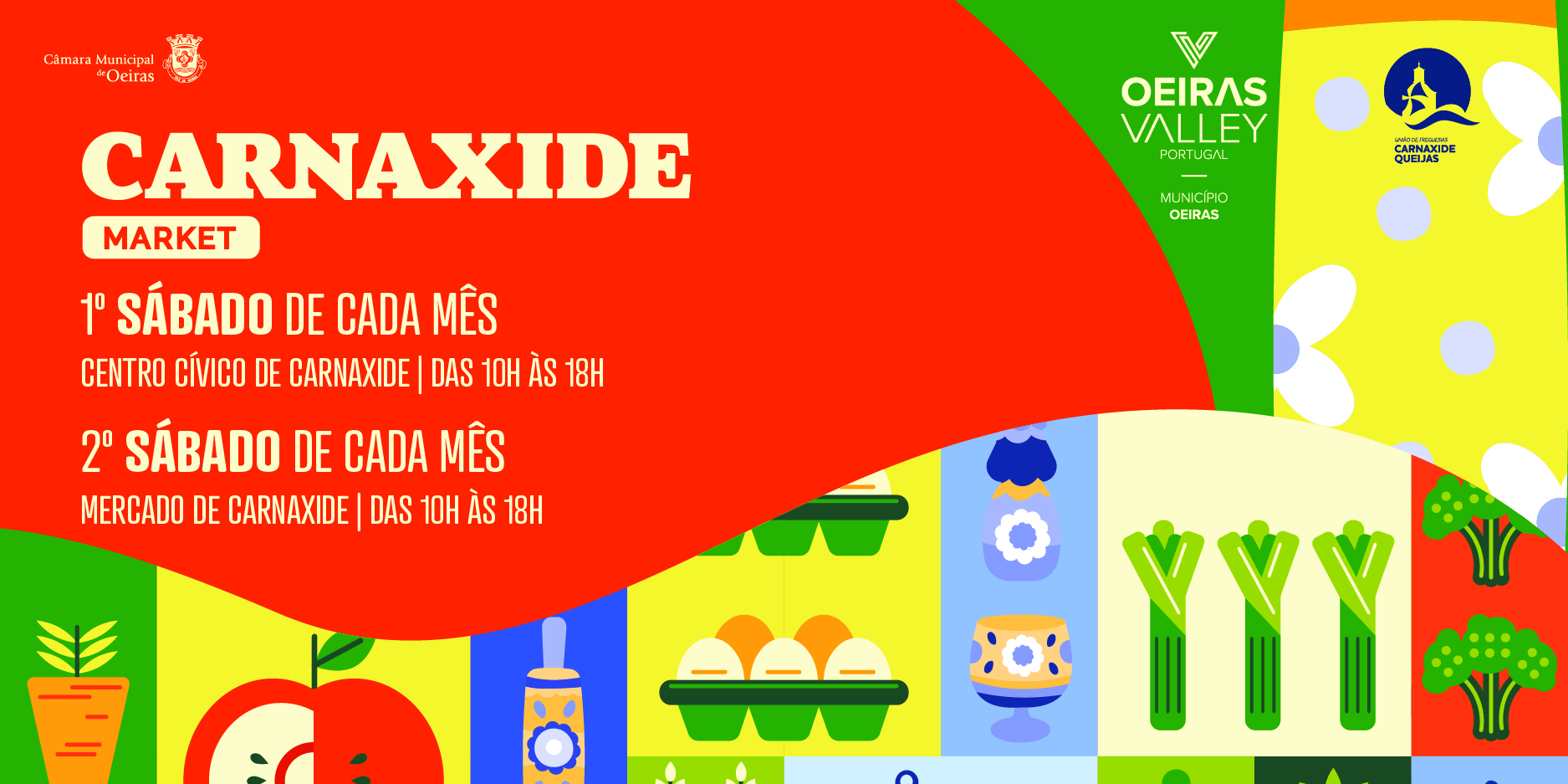 Banner com ilustração de um mercado e indicação dos dias em que este se realiza. 