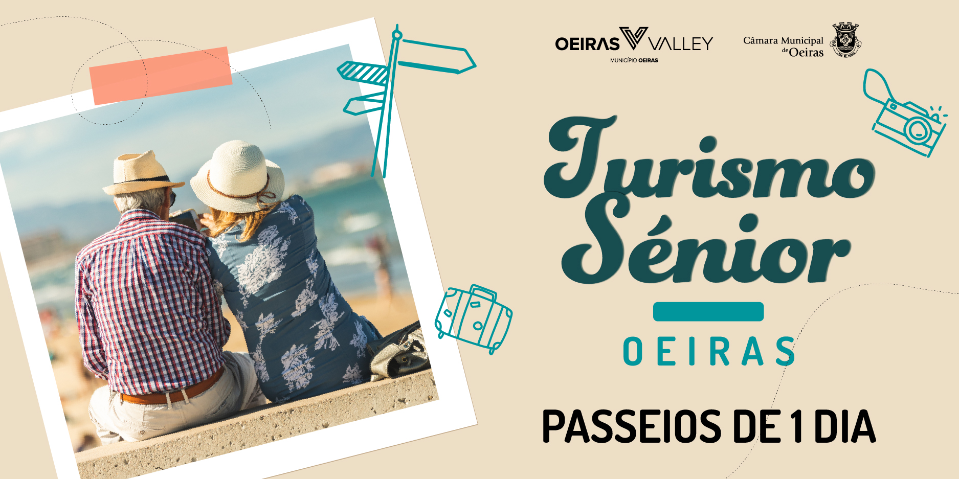 O cartaz inclui uma fotografia de um casal sénior de costas frente ao mar com a legenda Turismo Sénior Oeiras, Passeios de um dia