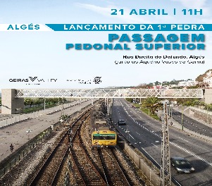 Passagem superior pedonal do dafundo, com linha ferroviária e comboio