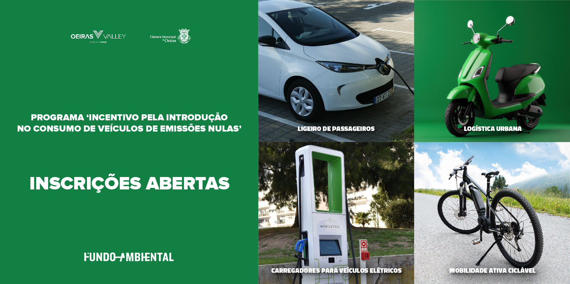 num fundo verde imagens de carregador eletrico, bicicleta, mota e carro eletricos
