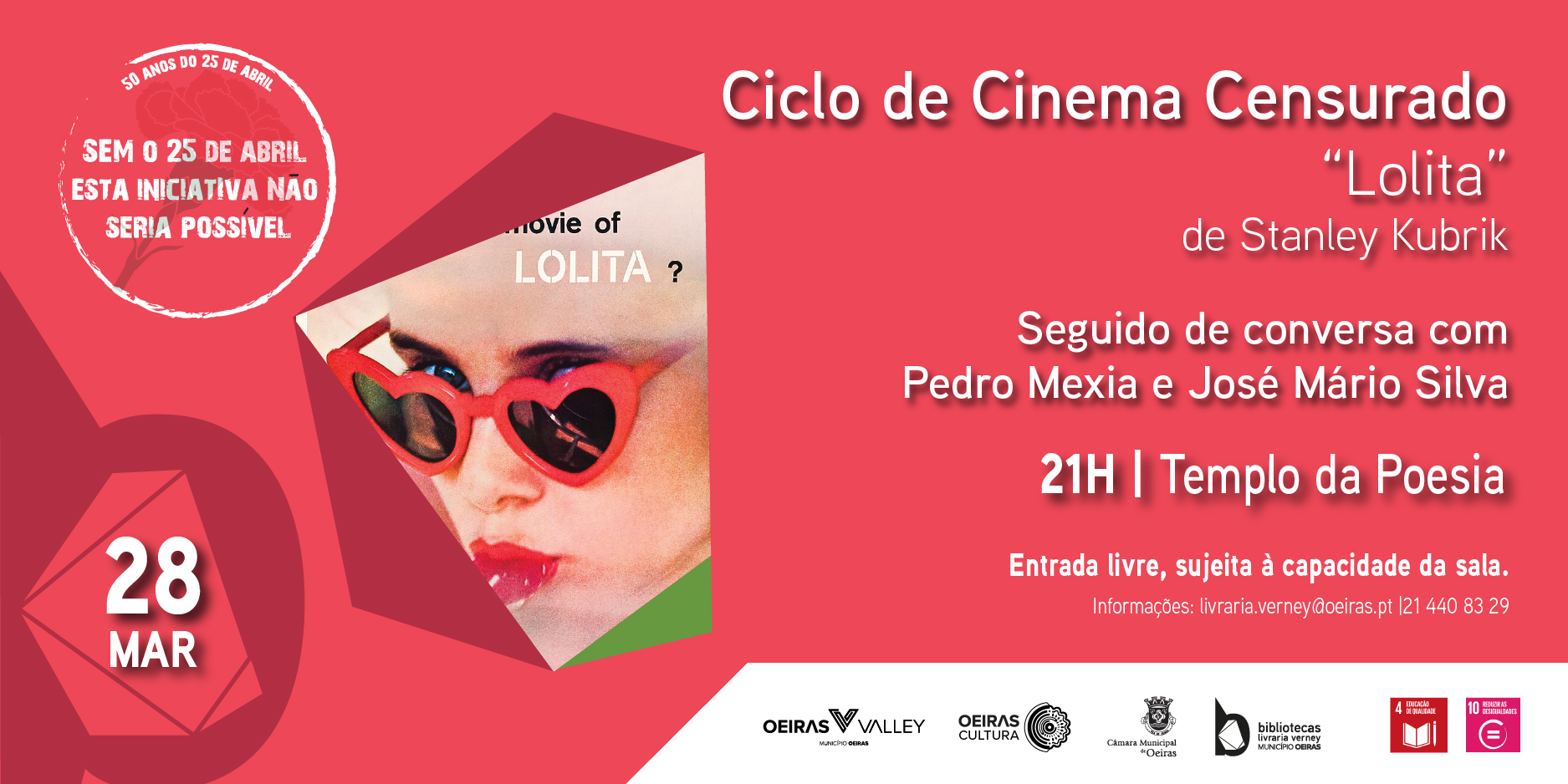 Cartaz do evento com imagem de mulher com óculos de sol, com indicação de nome, local, data e hora. 