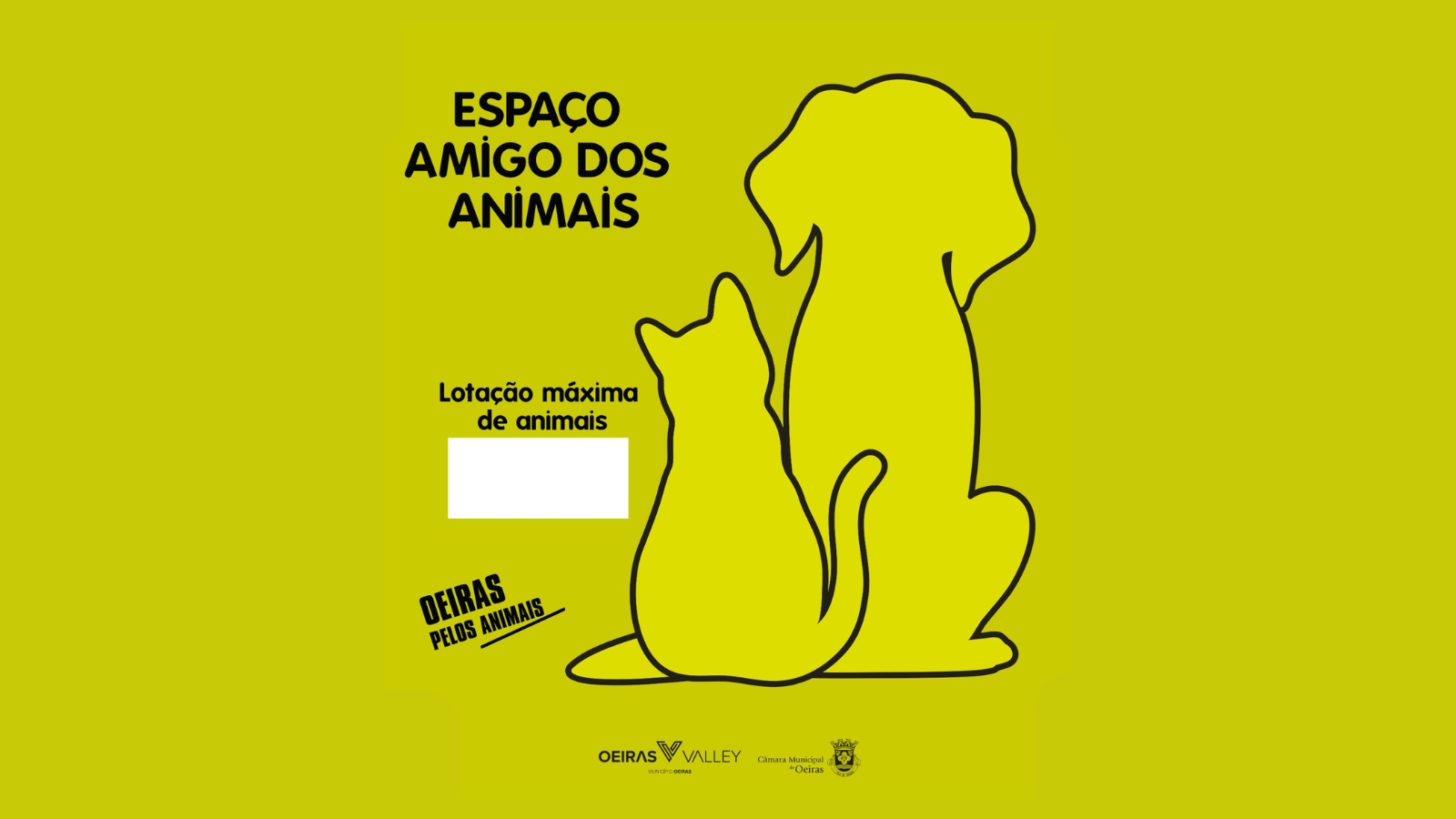Cartaz, com fundo em verde, imagem ilustrada de um cão e de um gato, de costas, com indicação de que é um espaço amigo dos animais e quantos animais comporta. 