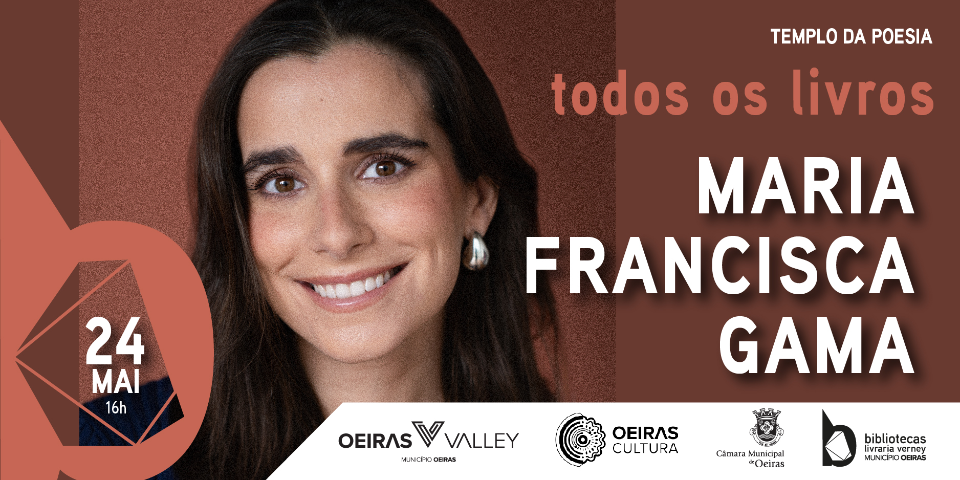 Cartaz com a fotografia da convidada Maria Francisca Gama com os dados da hora e local do evento Todos os Livros