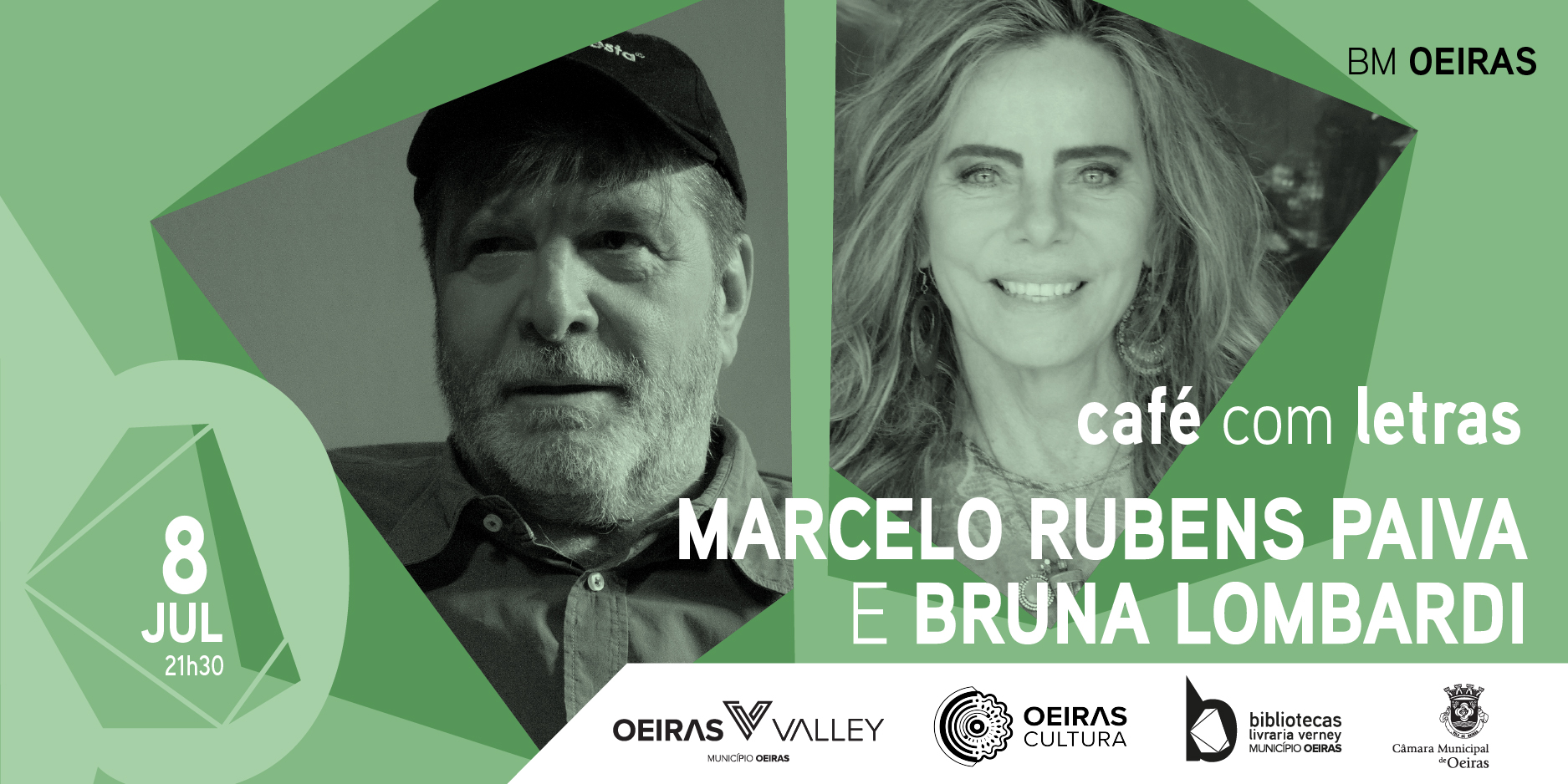 Fotografia de Marcelo Paiva e Bruna Lombardi com informações sobre o evento Café com Letras