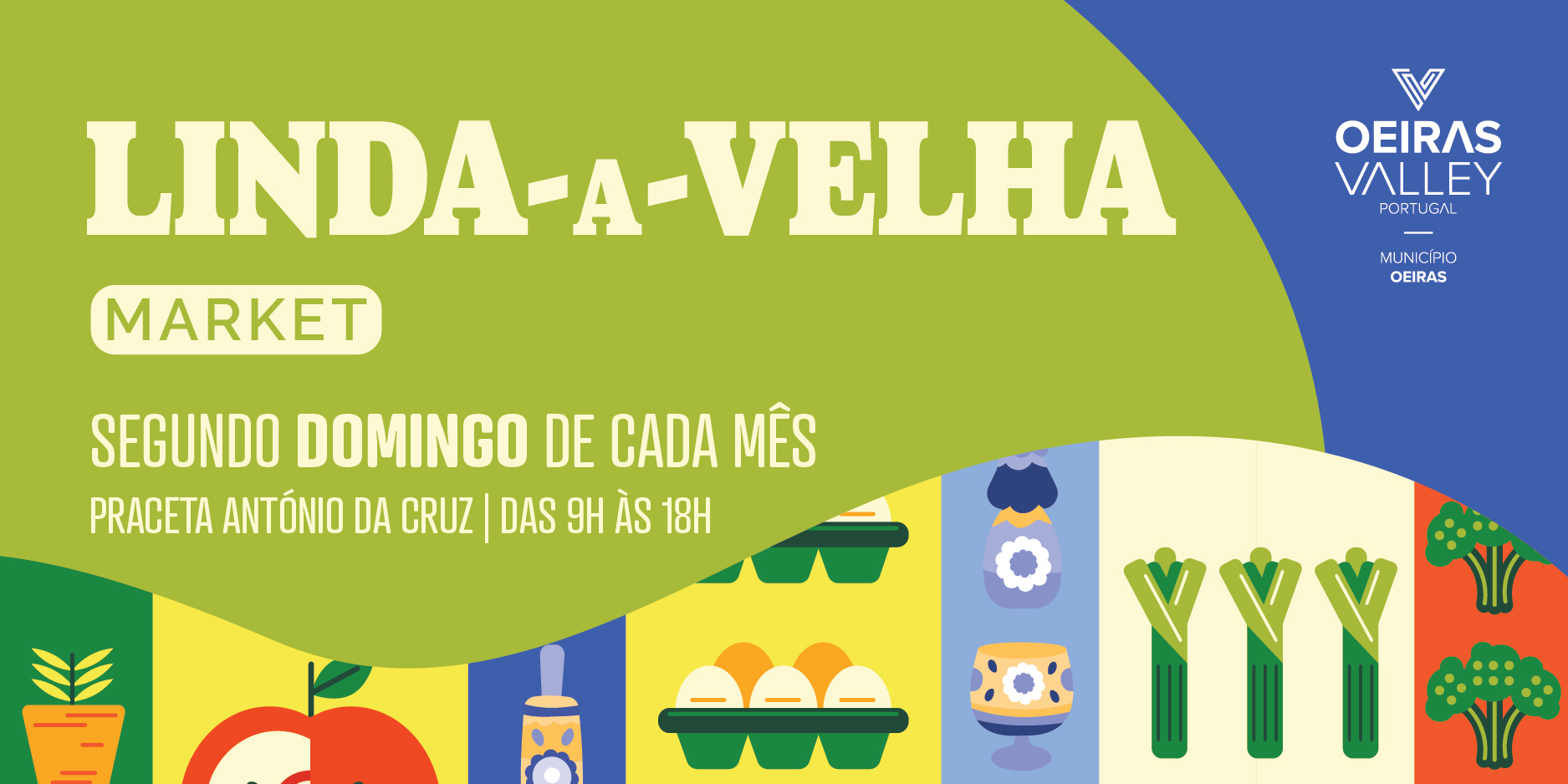 Banner com ilustração de um mercado, indicação do dia do mês em que se realiza, local e hora. 