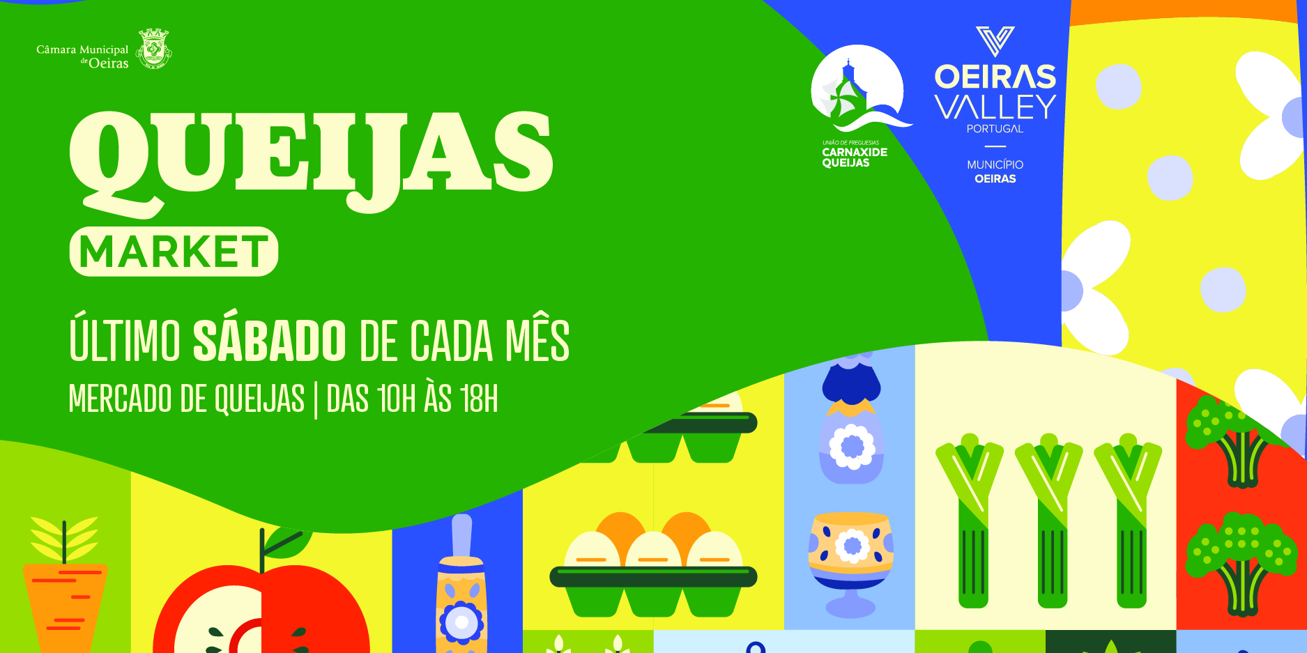 Banner com imagem ilusdtrada de um mercado, com indicação do dia do mês em que se realiza, local e horário. 