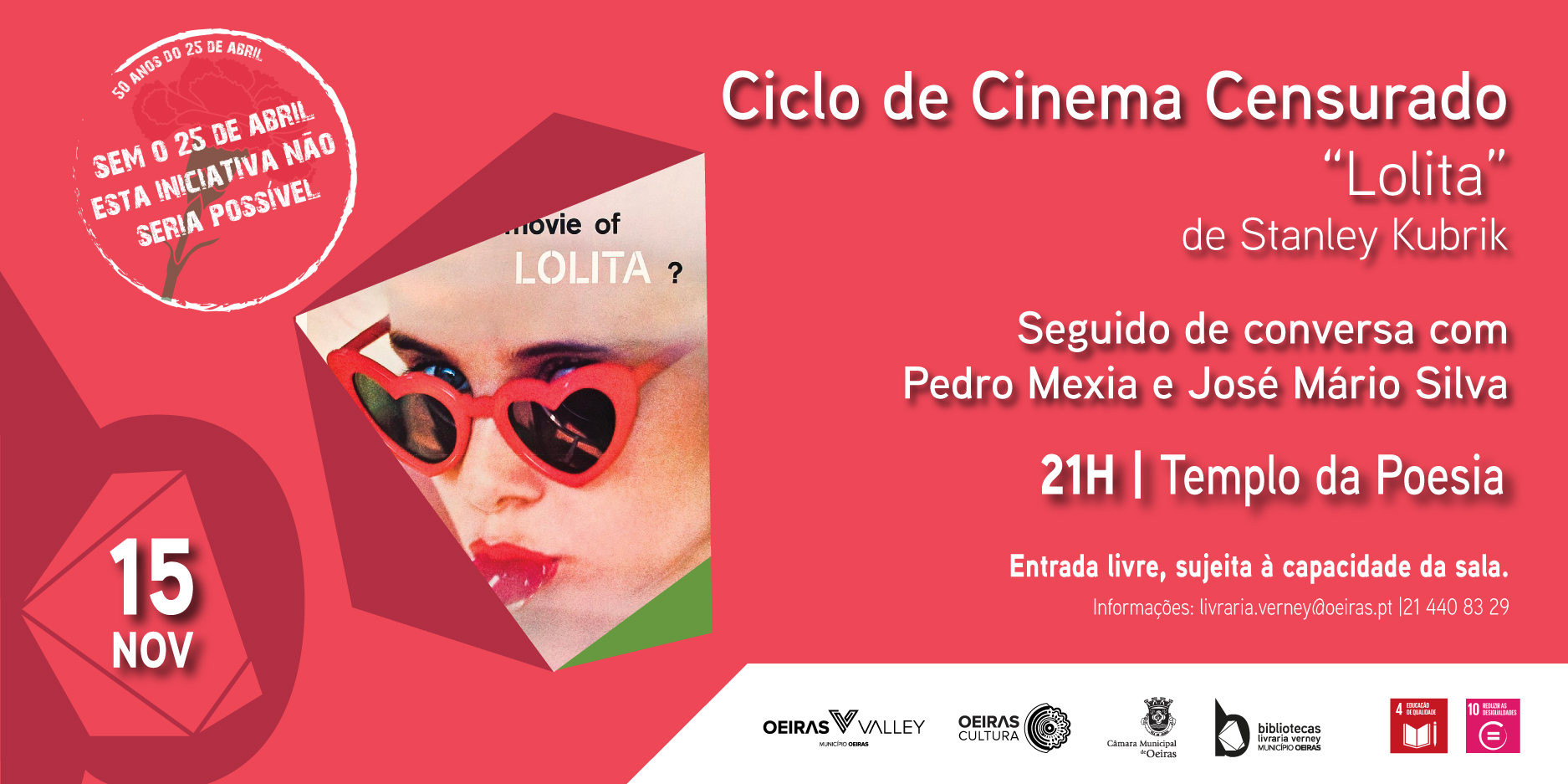 Cartaz do evento, com indicação de nome, local, data e hora. 