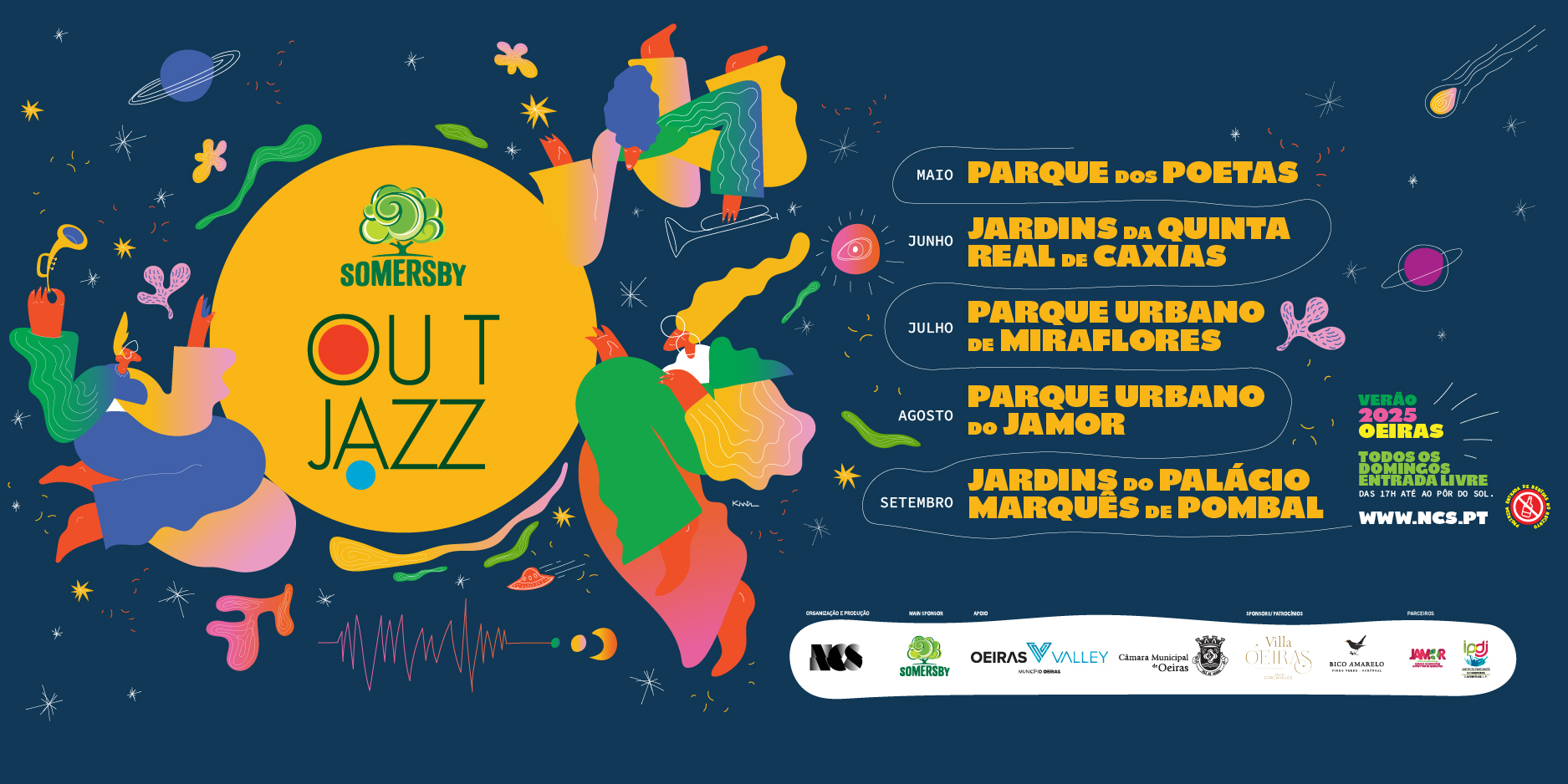 Cartaz do Somersby Out Jazz 2025 em azul escuro com lista em amarelo dos locais onde se vai realizar.