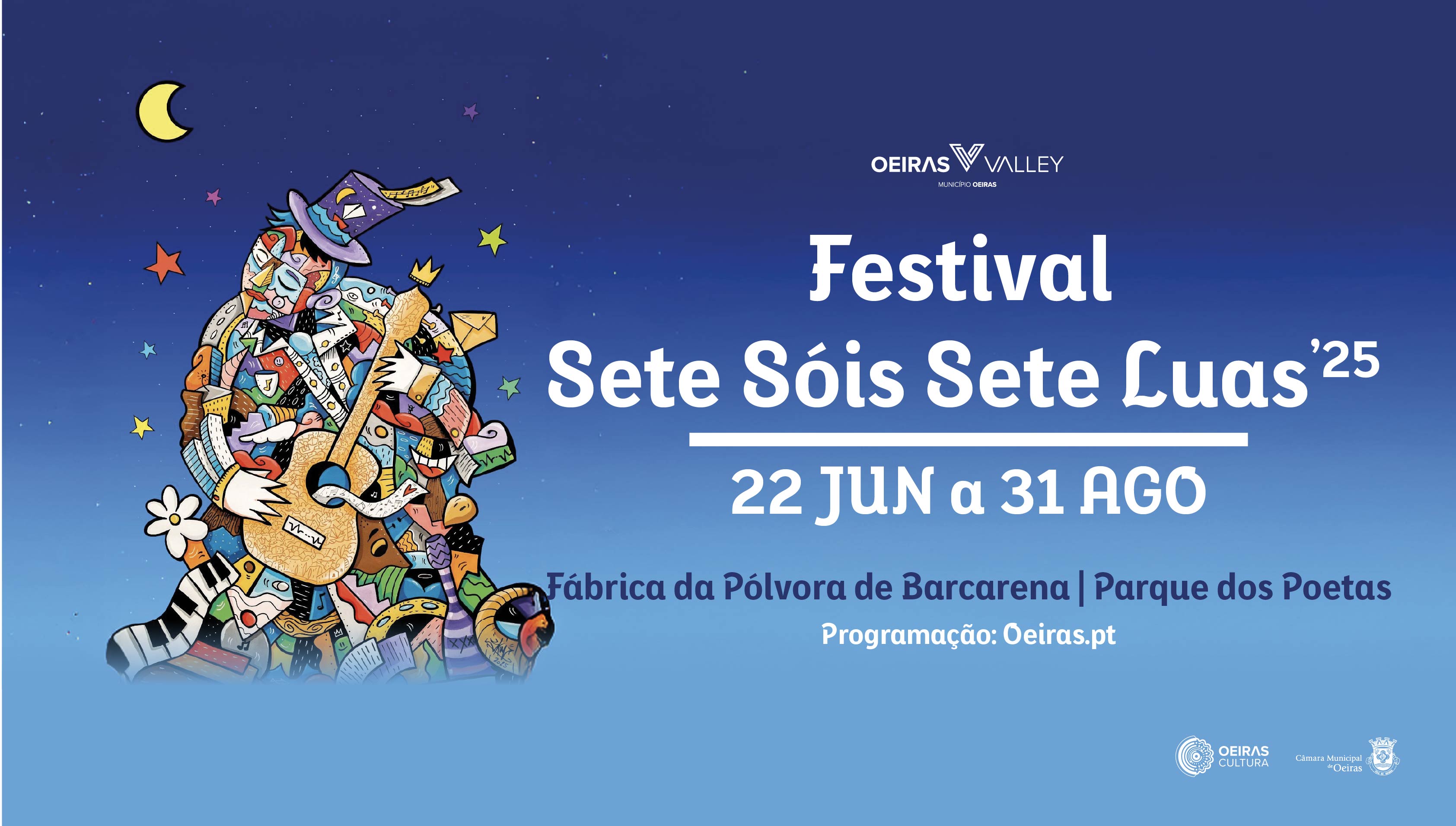 Cartaz do Festival, com um bobo a tocar viola, em fundo azul, com informações de datas e locais. 